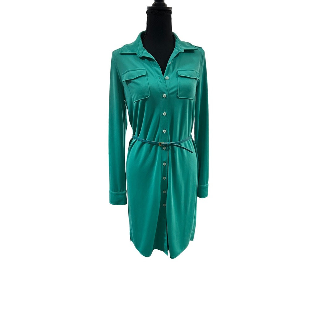 AK Turquoise Shirt Dress Button Front Long Sleeve Belted Pocket Detail Women's - Picture 1 of 5